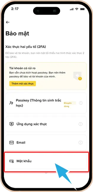 Bước 4:  Ấn chọn mục Mật khẩu